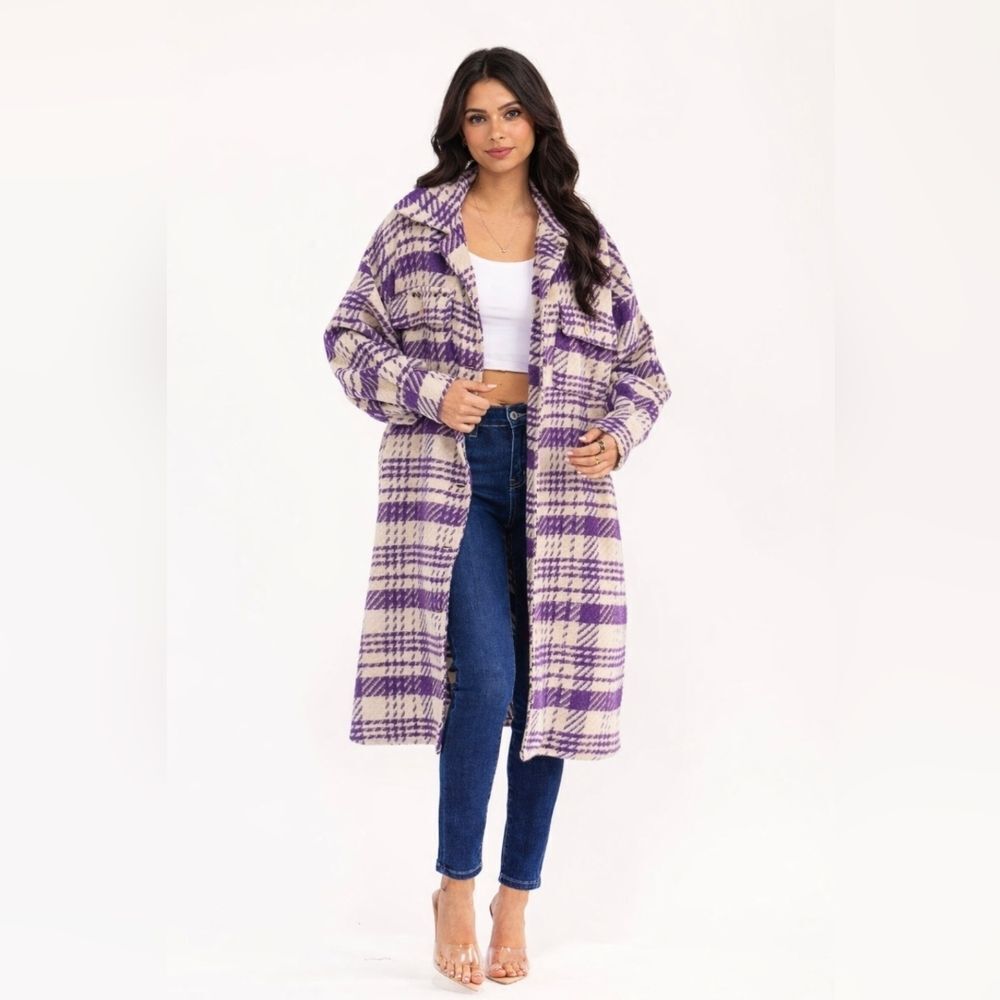 Women's Long Sleeve Front Pocket Button Up Plaid Coat